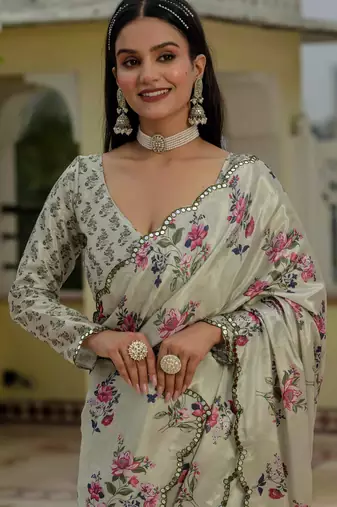 pista green chinon digital print with mirror saree with blouse