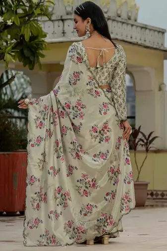 pista green chinon digital print with mirror saree with blouse