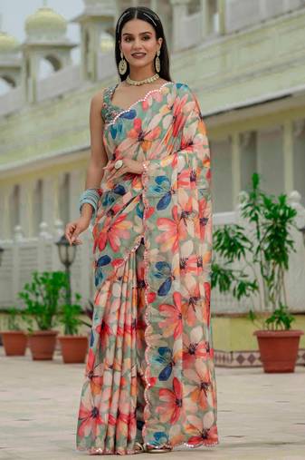 multicolor chinon digital print with mirror saree with blouse