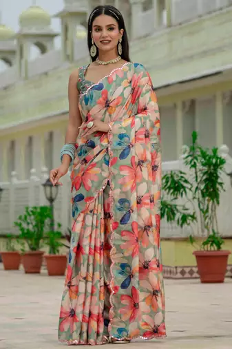 multicolor chinon digital print with mirror saree with blouse