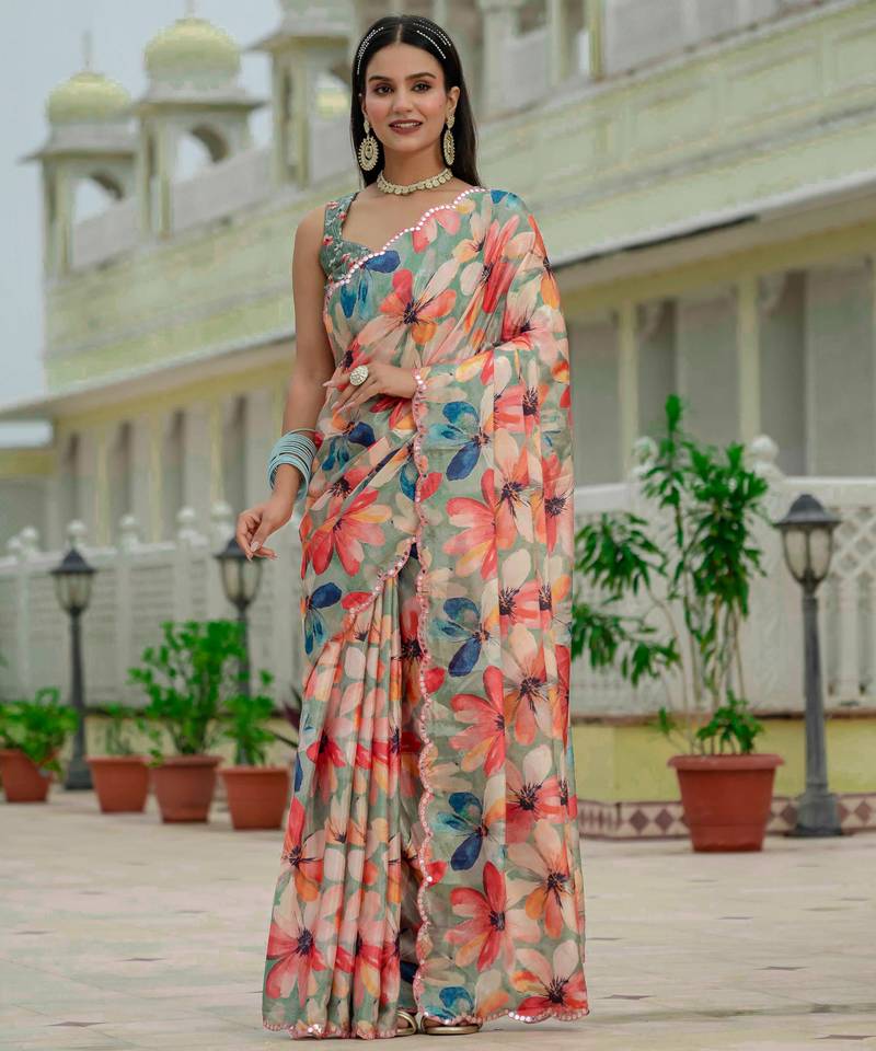 multicolor chinon digital print with mirror saree with blouse
