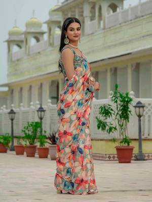 multicolor chinon digital print with mirror saree with blouse 2