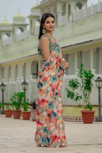 multicolor chinon digital print with mirror saree with blouse