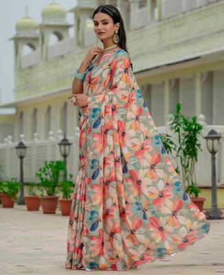 multicolor chinon digital print with mirror saree with blouse 3