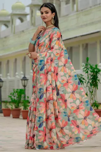 multicolor chinon digital print with mirror saree with blouse