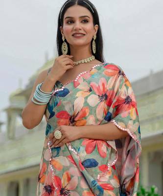 multicolor chinon digital print with mirror saree with blouse 4