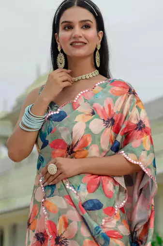 multicolor chinon digital print with mirror saree with blouse
