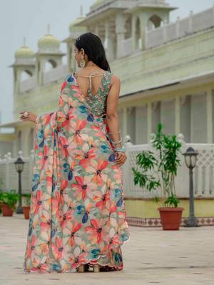 multicolor chinon digital print with mirror saree with blouse 5