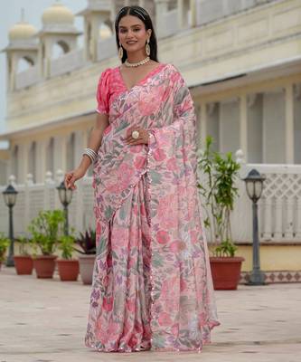 multicolor chinon digital print with mirror saree with blouse 1