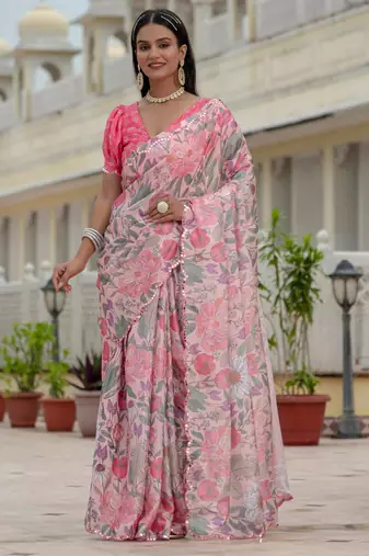 multicolor chinon digital print with mirror saree with blouse