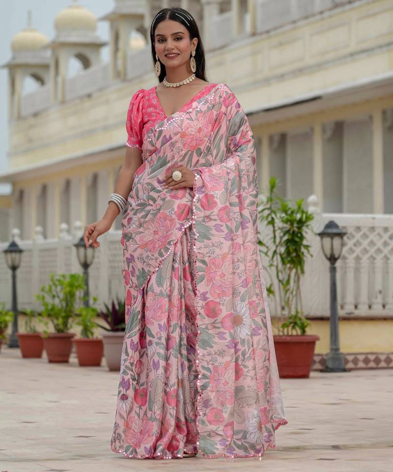 multicolor chinon digital print with mirror saree with blouse