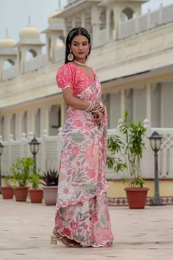 multicolor chinon digital print with mirror saree with blouse
