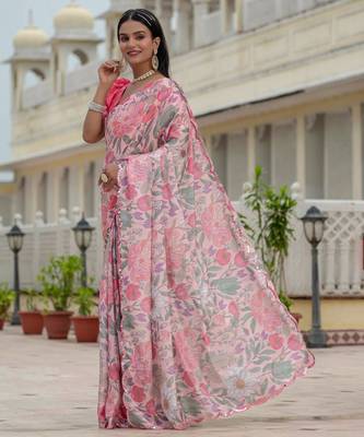 multicolor chinon digital print with mirror saree with blouse 3