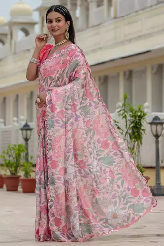 multicolor chinon digital print with mirror saree with blouse