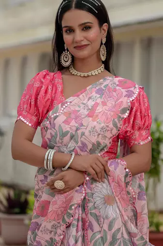 multicolor chinon digital print with mirror saree with blouse