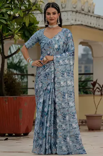 sky blue chinon digital print with mirror saree with blouse