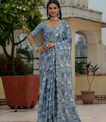 sky blue chinon digital print with mirror saree with blouse