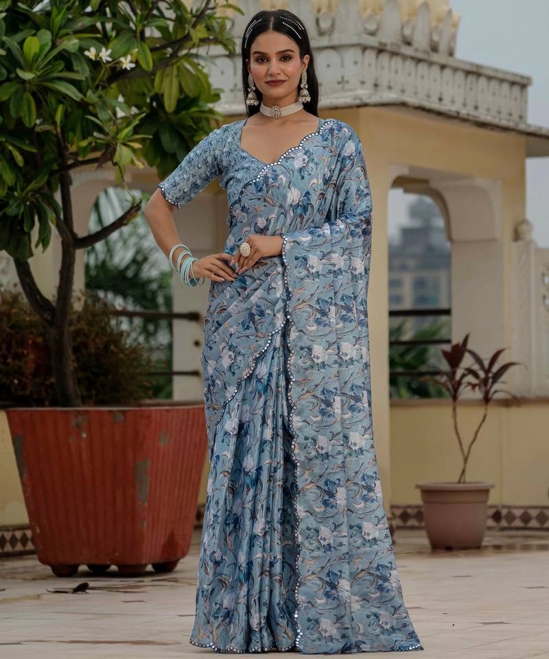 sky blue chinon digital print with mirror saree with blouse