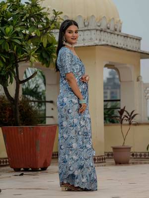 sky blue chinon digital print with mirror saree with blouse 2