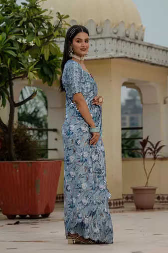 sky blue chinon digital print with mirror saree with blouse
