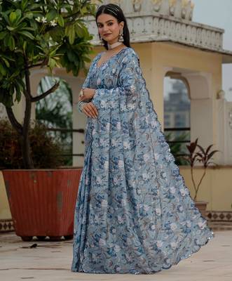 sky blue chinon digital print with mirror saree with blouse 3