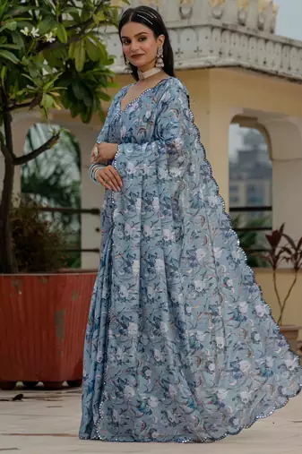 sky blue chinon digital print with mirror saree with blouse