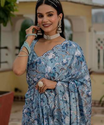 sky blue chinon digital print with mirror saree with blouse 4