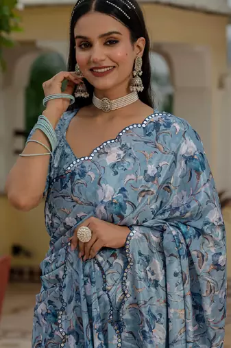 sky blue chinon digital print with mirror saree with blouse