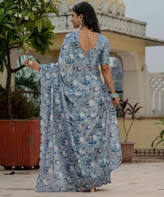 sky blue chinon digital print with mirror saree with blouse 5