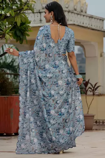 sky blue chinon digital print with mirror saree with blouse
