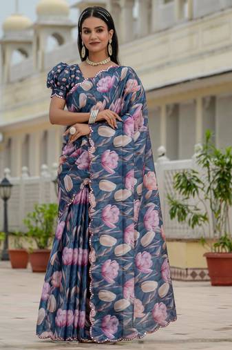 navy blue chinon digital print with mirror saree with blouse