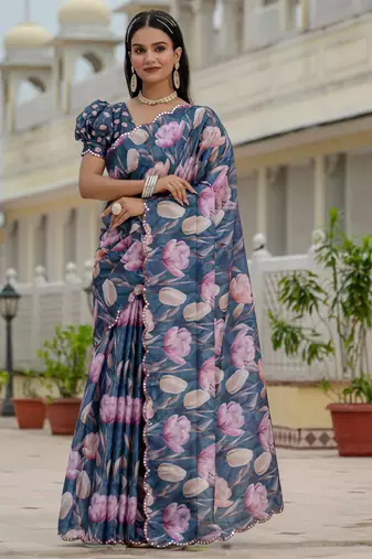 navy blue chinon digital print with mirror saree with blouse