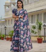 navy blue chinon digital print with mirror saree with blouse