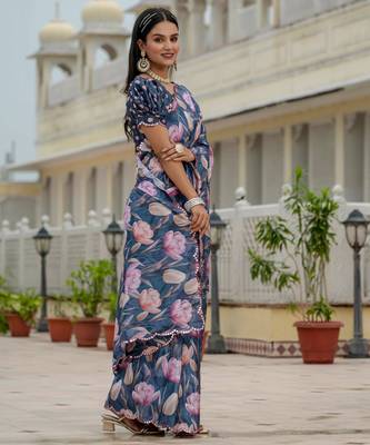 navy blue chinon digital print with mirror saree with blouse 2