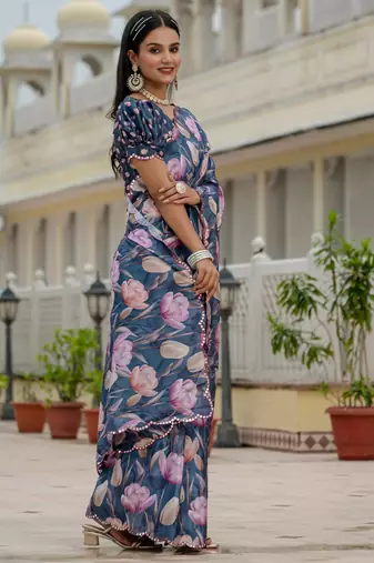 navy blue chinon digital print with mirror saree with blouse