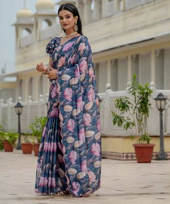 navy blue chinon digital print with mirror saree with blouse 3