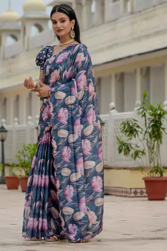 navy blue chinon digital print with mirror saree with blouse