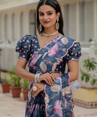 navy blue chinon digital print with mirror saree with blouse 4