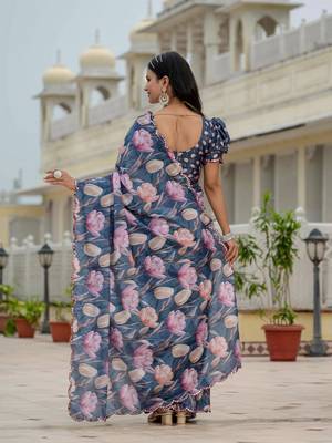 navy blue chinon digital print with mirror saree with blouse 5