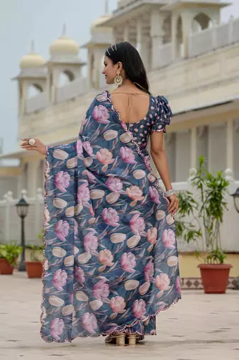 navy blue chinon digital print with mirror saree with blouse