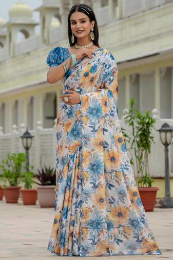 multicolor chinon digital print with mirror saree with blouse