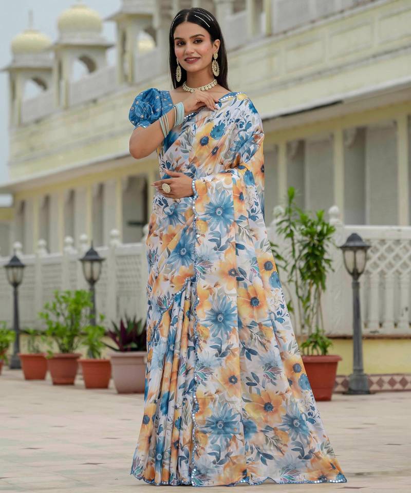 multicolor chinon digital print with mirror saree with blouse