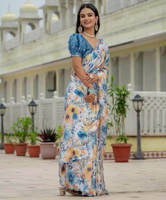 multicolor chinon digital print with mirror saree with blouse 2