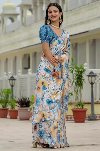 multicolor chinon digital print with mirror saree with blouse
