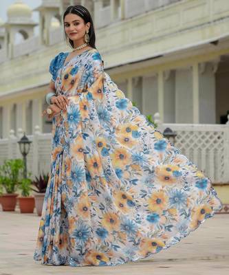 multicolor chinon digital print with mirror saree with blouse 3