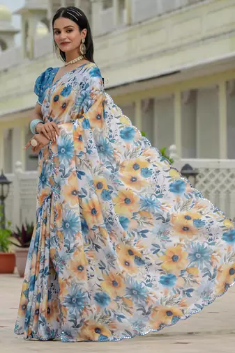 multicolor chinon digital print with mirror saree with blouse