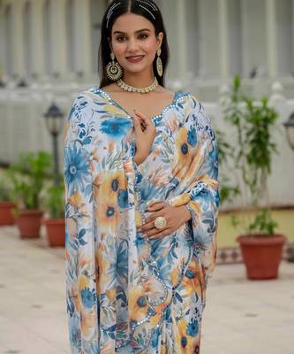 multicolor chinon digital print with mirror saree with blouse 4