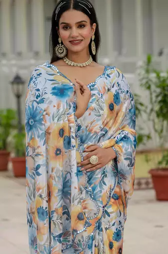 multicolor chinon digital print with mirror saree with blouse