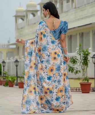 multicolor chinon digital print with mirror saree with blouse 5