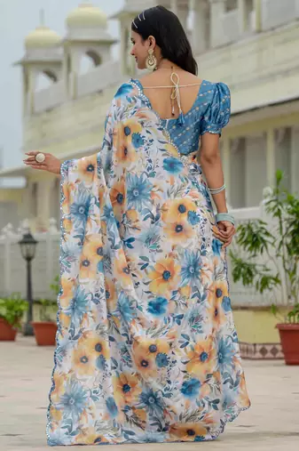 multicolor chinon digital print with mirror saree with blouse